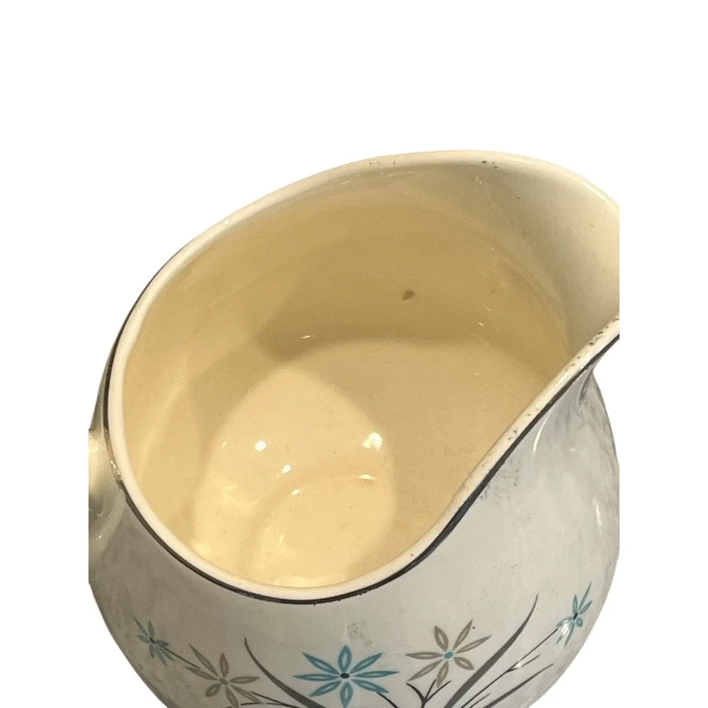 Adorable Vintage MCM Ceramic Creamer Pitcher Pink Blue Floral Starburst Silver